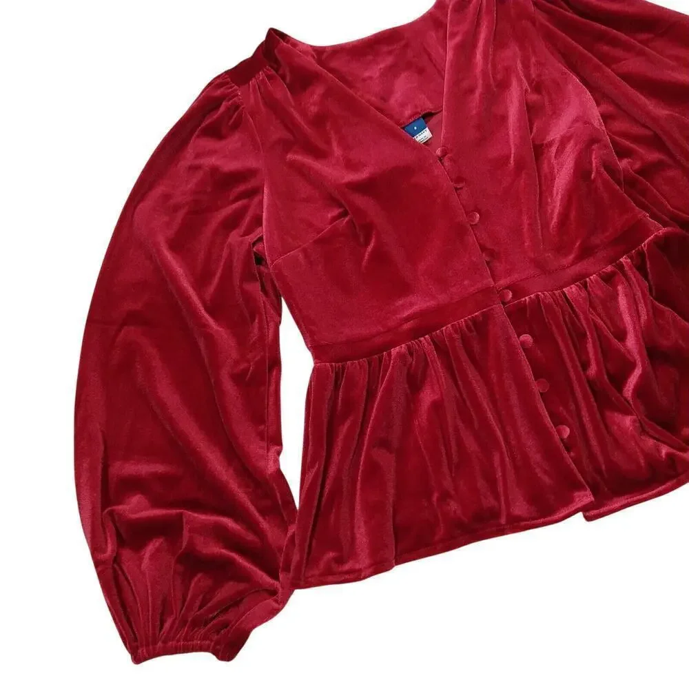 Old Navy Waist Defined Velvet Peplum Top Size S NWT Puff Sleeve Pink Stretch